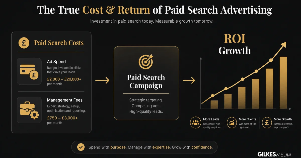 Illustration showing paid search costs like ad spend and management fees, with a growing ROI graph.