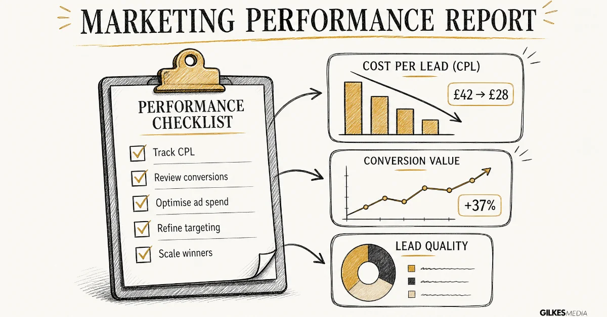 Hand-drawn performance report with charts, CPL, conversion value, and a checklist on a clipboard.