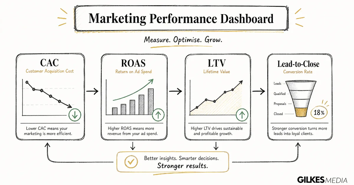 A sketched dashboard displays marketing performance metrics like CAC, ROAS, LTV, and Lead-to-Close with trend graphs and arrows.