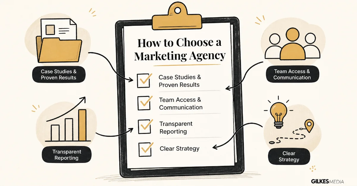 A hand-drawn agency checklist on a clipboard with items like case studies, team access, reporting, and strategy.