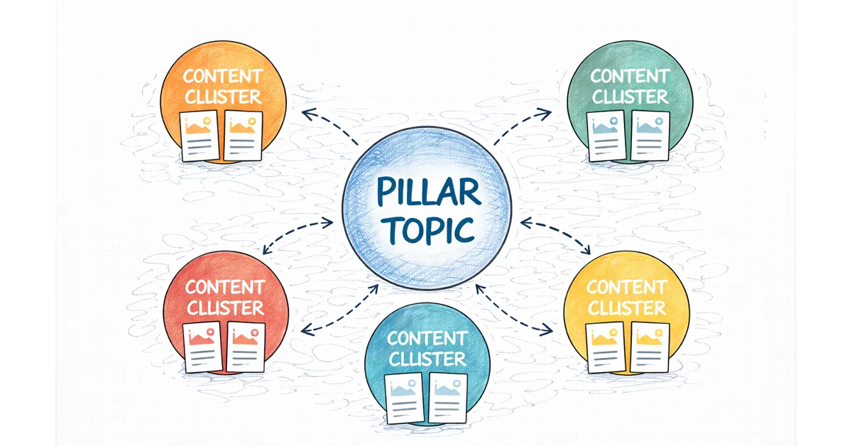 A diagram illustrating a central pillar topic with five surrounding content clusters.