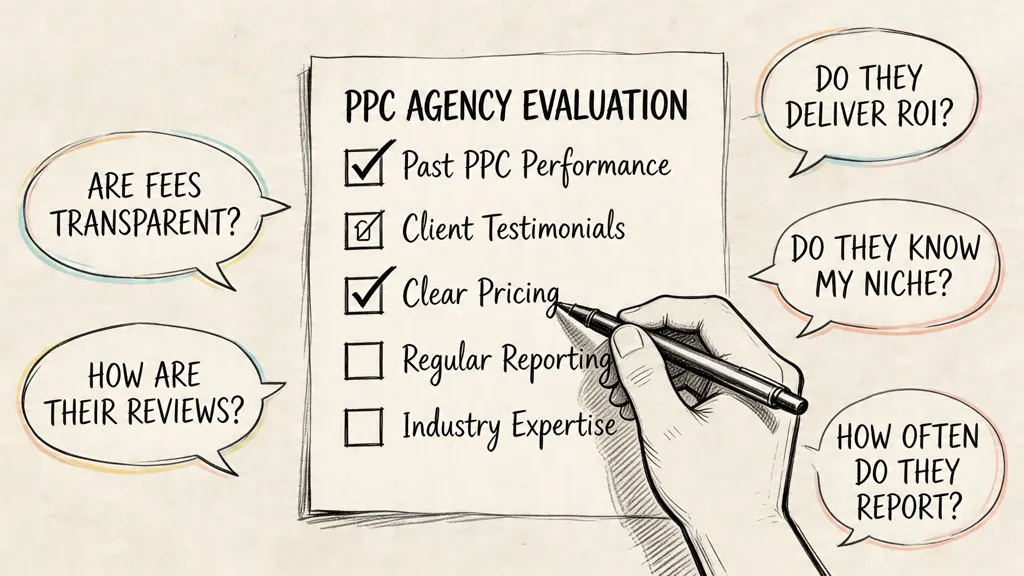 A hand checking items on a checklist for evaluating a PPC agency on a paper sheet.