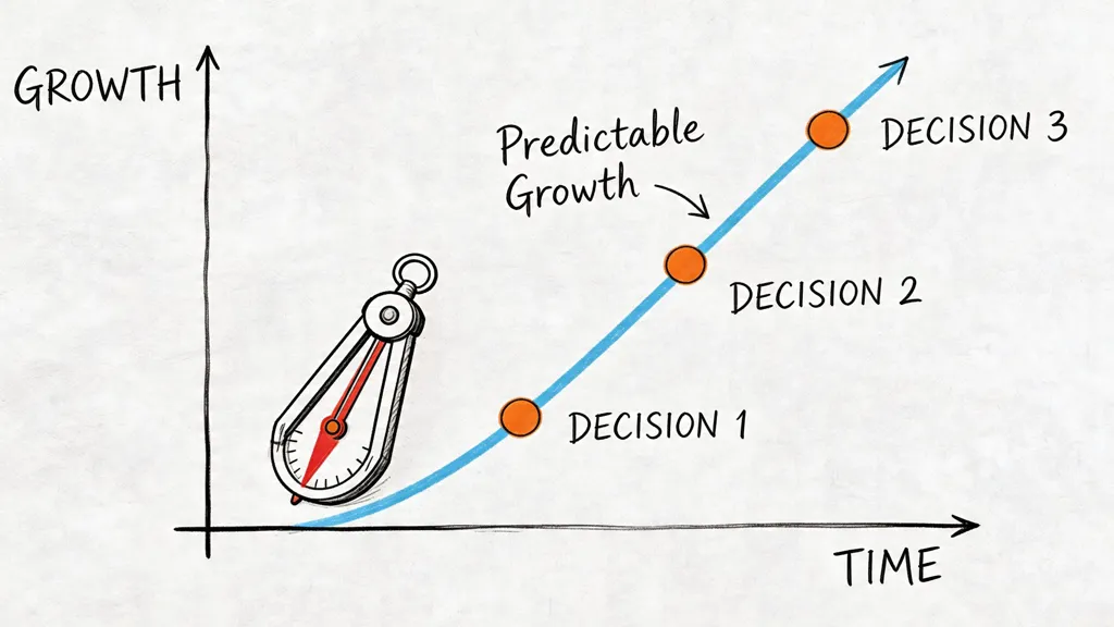 A hand-drawn business graph illustrating predictable growth over time with three key decision points and a compass.