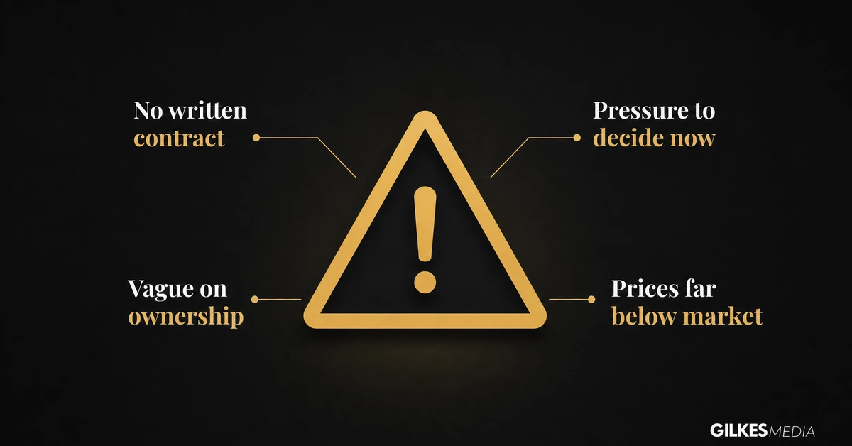 Warning triangle highlighting red flags when hiring a web design agency