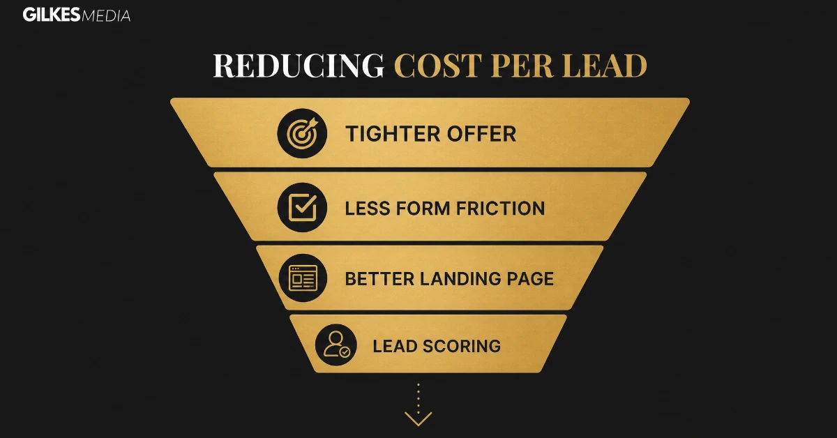 Funnel diagram showing four stages to reduce cost per lead: tighter offer, less form friction, better landing page, lead scoring