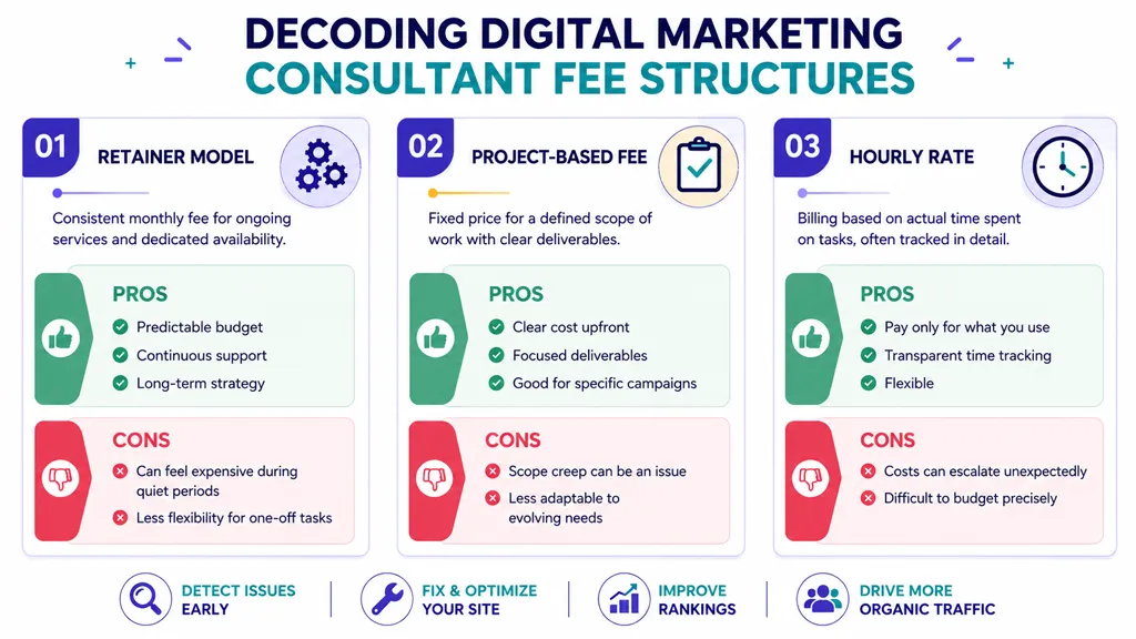 An infographic comparing retainer models, project-based fees, and hourly rates for digital marketing consultant services. 