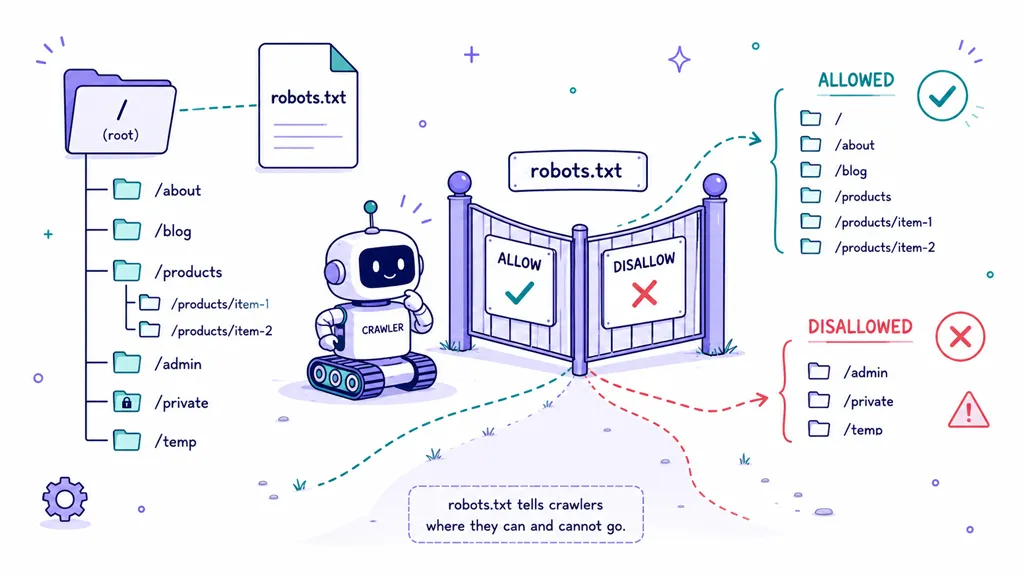 A hand-drawn illustration showing a robot crawler checking a robots.txt file to determine allowed and disallowed website directories.