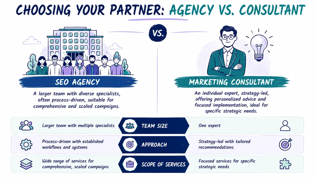 A comparison infographic between an SEO agency and a marketing consultant highlighting team size, approach, and services.