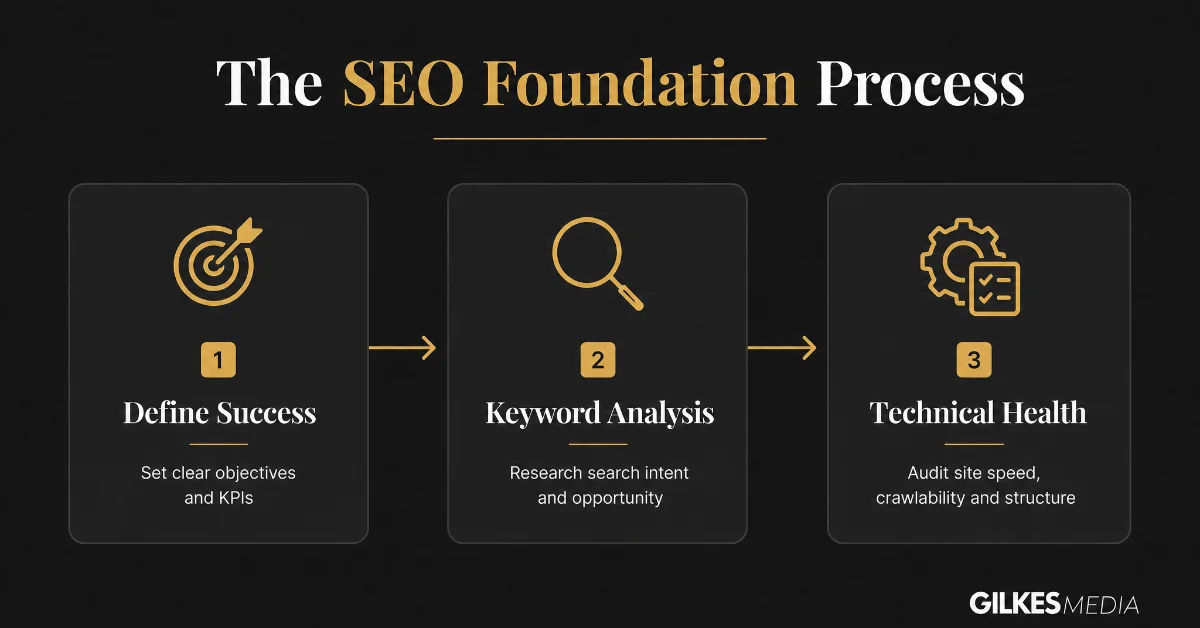 Flowchart illustrating the SEO Foundation Process, including Define Success, Keyword Analysis, and Technical Health steps.