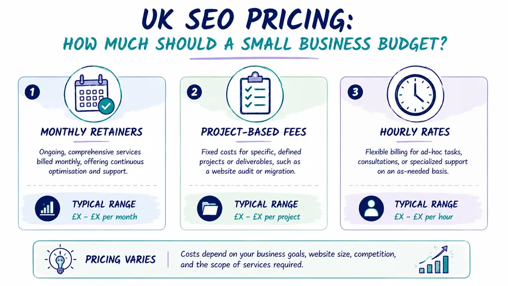 An infographic showing three common SEO pricing models for small businesses: monthly retainers, project-based fees, and hourly rates.