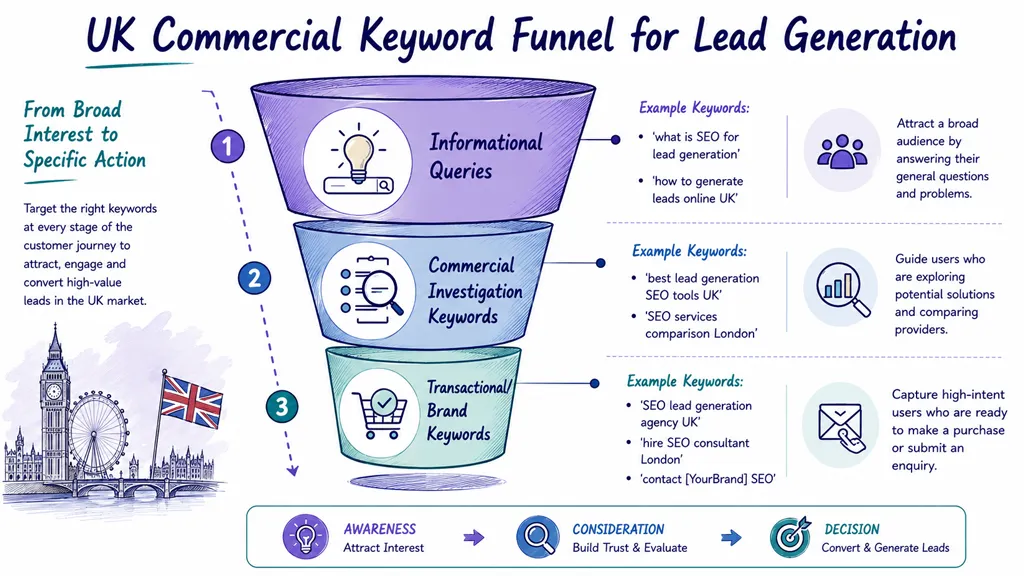 A funnel diagram explaining SEO stages from informational queries to transactional brand keywords for lead generation.