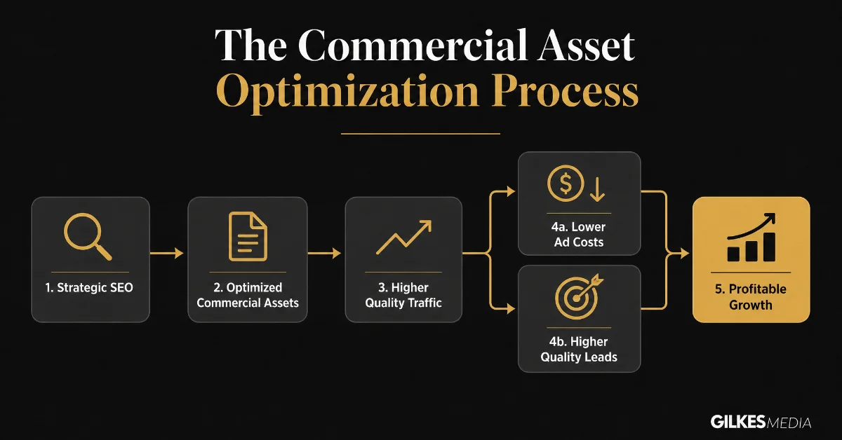 A flowchart illustrating the commercial asset optimization process from strategic SEO to lower costs and higher leads.