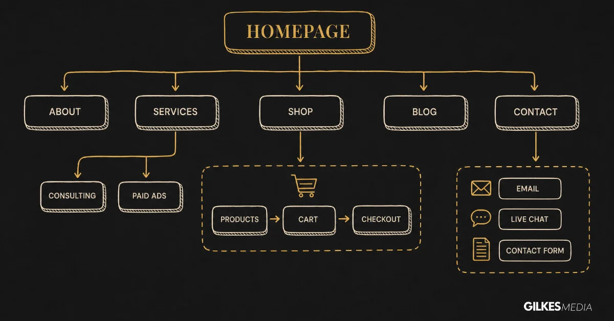 Hand-drawn website sitemap illustrating site navigation, e-commerce, and communication channels.