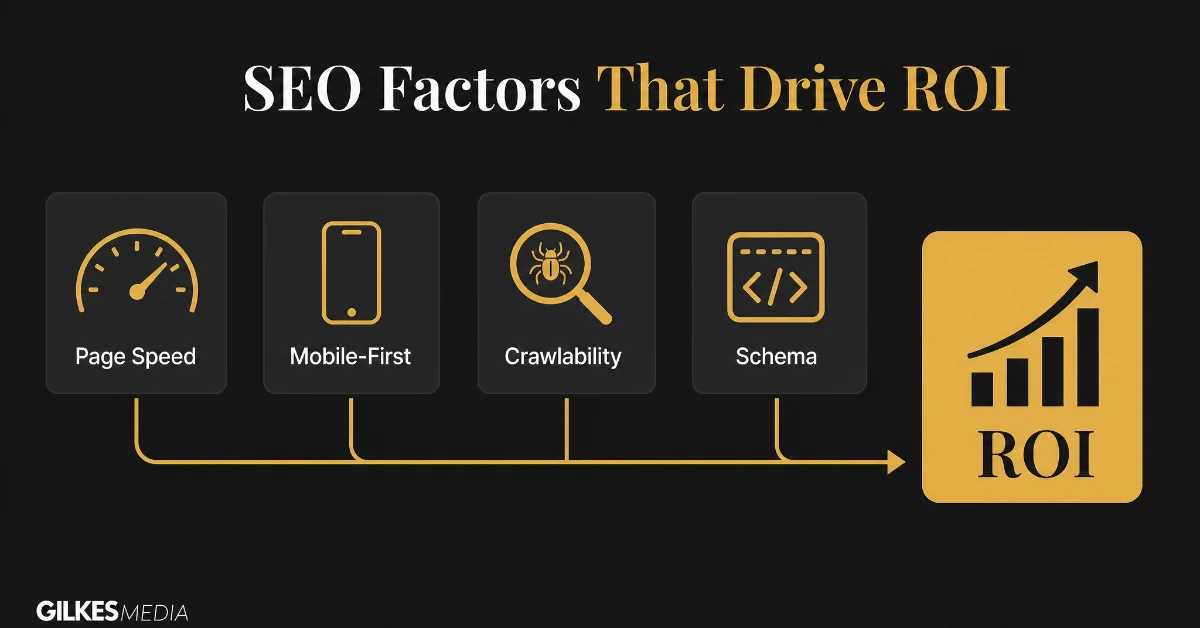 Infographic showing key SEO factors like page speed, mobile-first, crawlability, and schema, all leading to ROI.