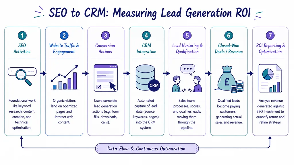 A diagram illustrating the seven-step process of converting SEO activities into measurable lead generation ROI.