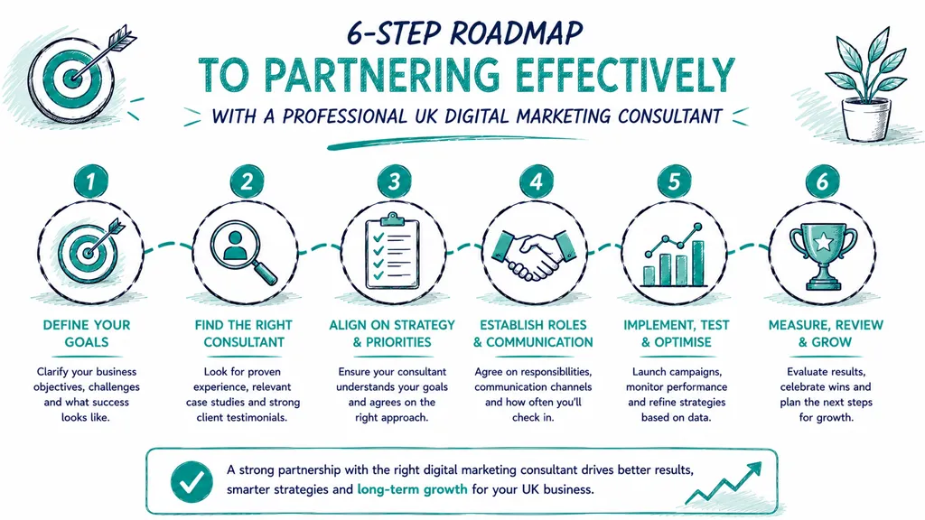A six-step roadmap infographic for partnering effectively with a professional UK digital marketing consultant.