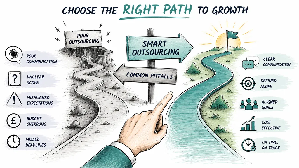 A hand points toward a path labeled Smart Outsourcing, avoiding pitfalls of poor communication and unclear scope.