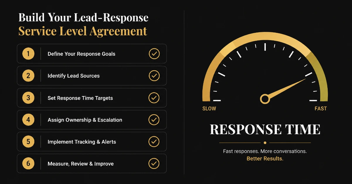 Six step checklist for building a lead response service level agreement next to a response time gauge