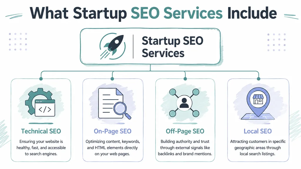 A flowchart infographic detailing four main components of startup SEO services: technical, on-page, off-page, and local SEO.