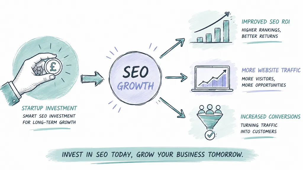 A hand-drawn illustration showing startup pound investment leading to improved SEO ROI, website traffic, and increased conversions.