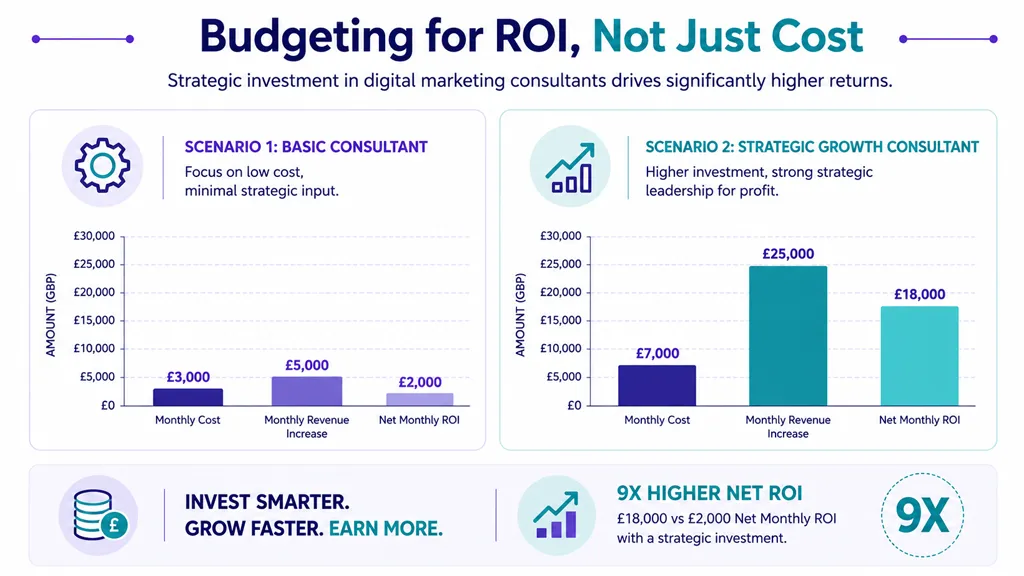 A comparison chart showing how investing in a strategic marketing consultant yields higher ROI than basic services.