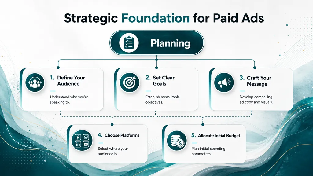 A flowchart titled Strategic Foundation for Paid Ads, outlining five essential steps for planning effective advertising campaigns.