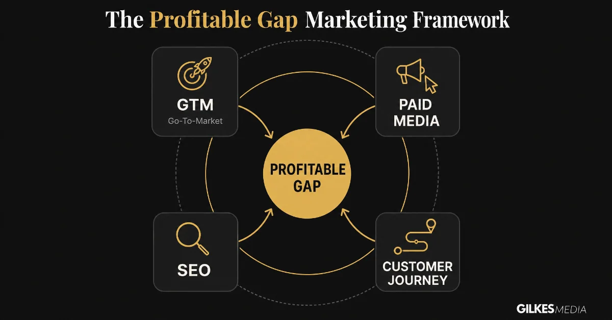 Concentric marketing strategy diagram with "Profitable Gap" at the center, surrounded by GTM, Paid Media, SEO, and Customer Journey.