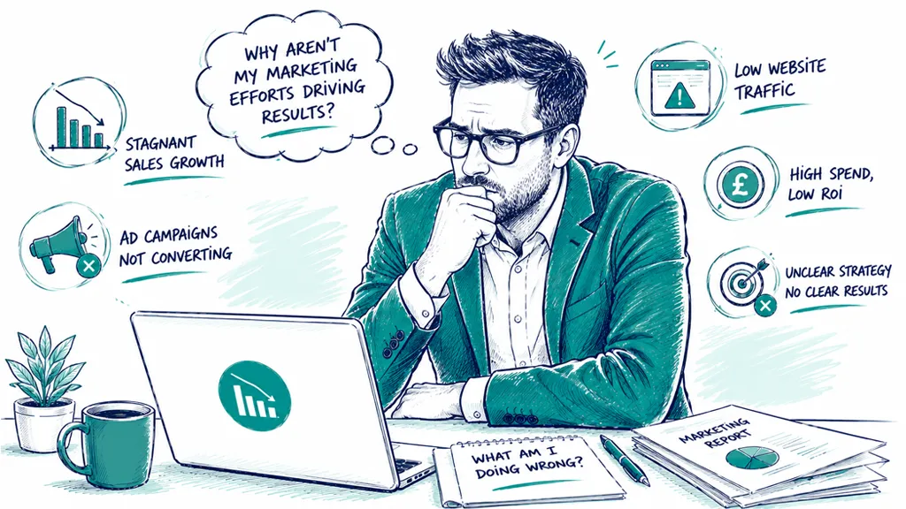 A stressed businessman pondering digital marketing struggles with stagnant sales growth and failing ad campaigns.