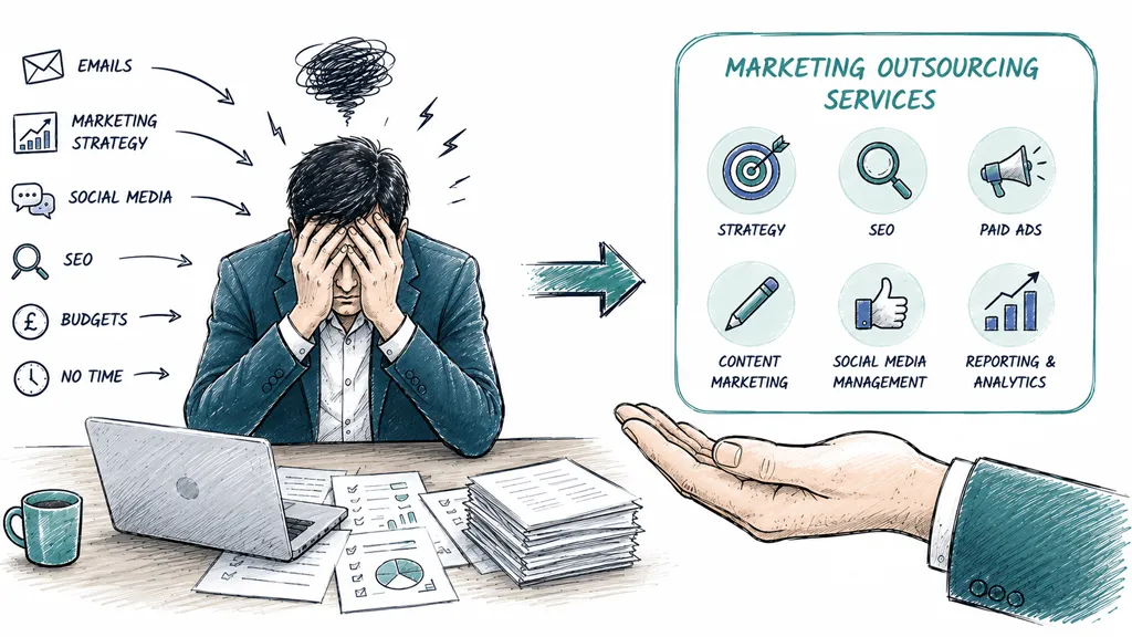 A stressed businessman covering his face with his hands while being offered help through marketing outsourcing services.