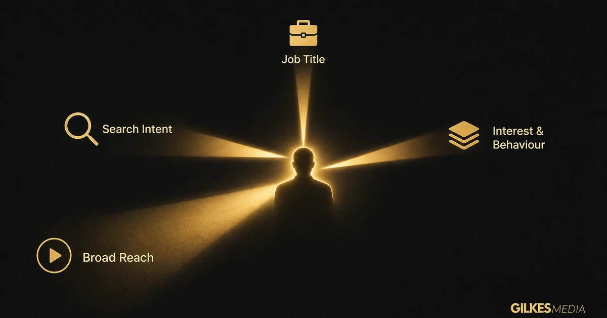 Infographic showing search intent, interest and behaviour, job title, and broad reach targeting