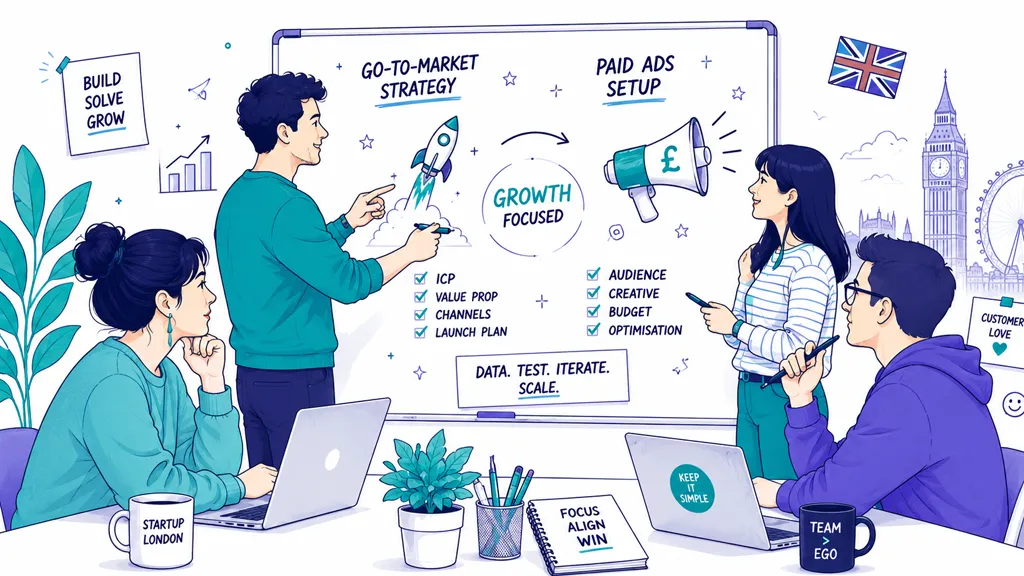 A professional team collaborating on a digital marketing strategy in a modern London startup office space.