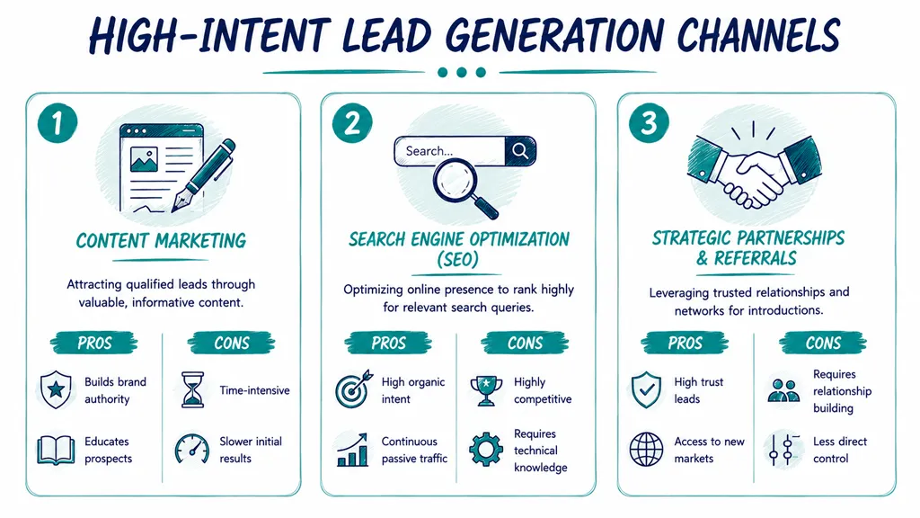 A visual infographic outlining three high-intent lead generation channels: content marketing, SEO, and strategic partnerships.