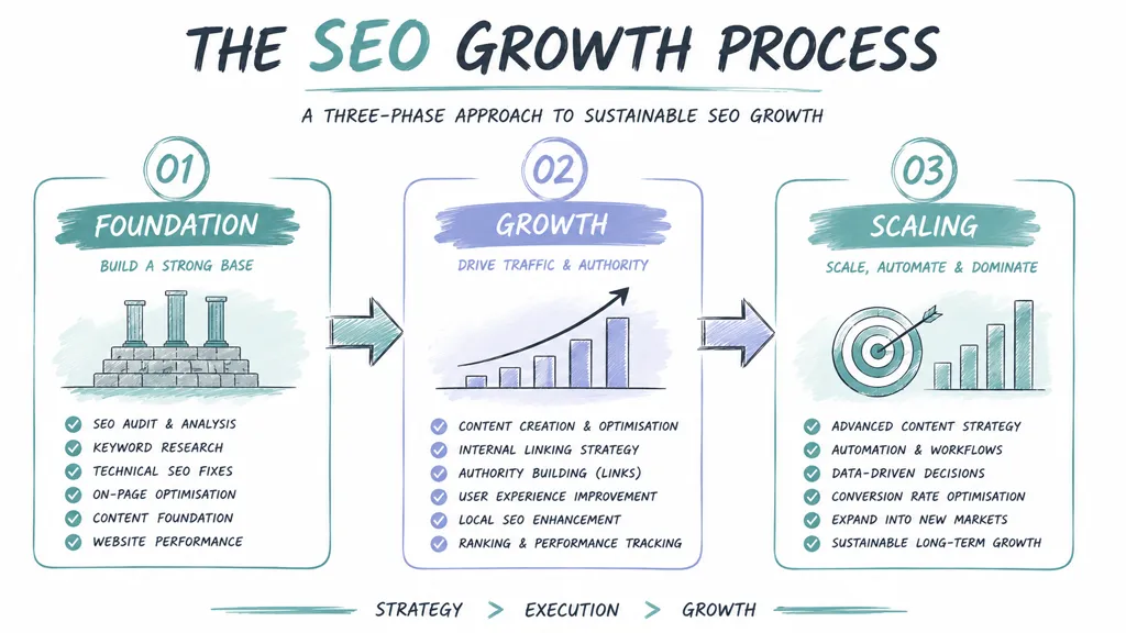 A diagram illustrating a three-phase SEO growth process from foundation to growth and finally scaling.