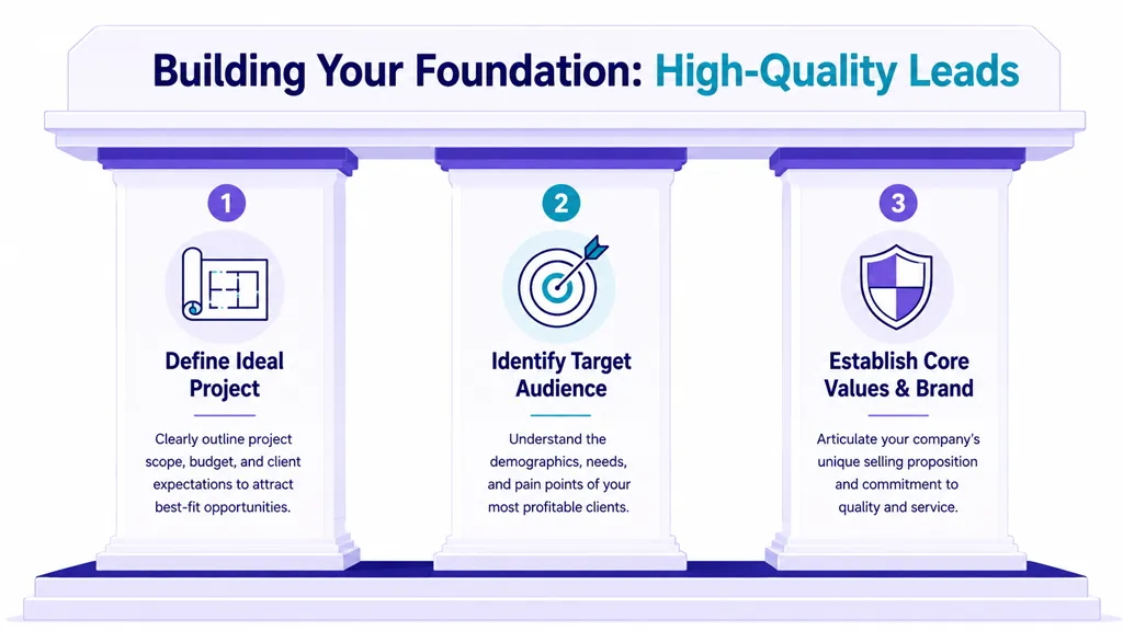 A graphic depicting three pillars of lead generation: defining projects, identifying audiences, and establishing core brand values.