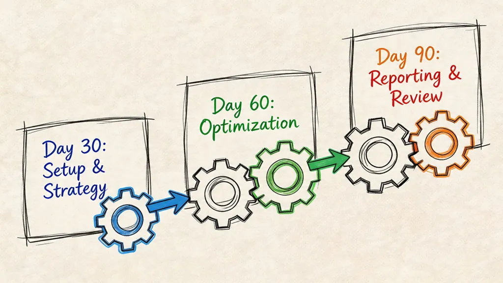 A hand-drawn illustration showing a three-stage business process for strategy, optimization, and reporting over ninety days.