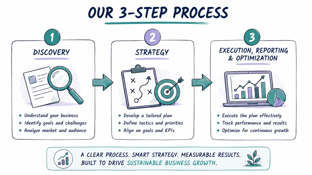 A hand-drawn diagram illustrating a three-step business process flow of discovery, strategy and execution, and reporting and optimization.