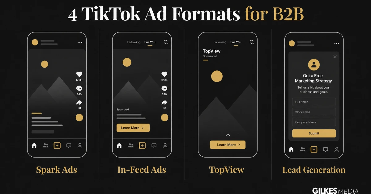 Diagram comparing four TikTok ad formats for B2B: Spark Ads, In-Feed Ads, TopView, and Lead Generation