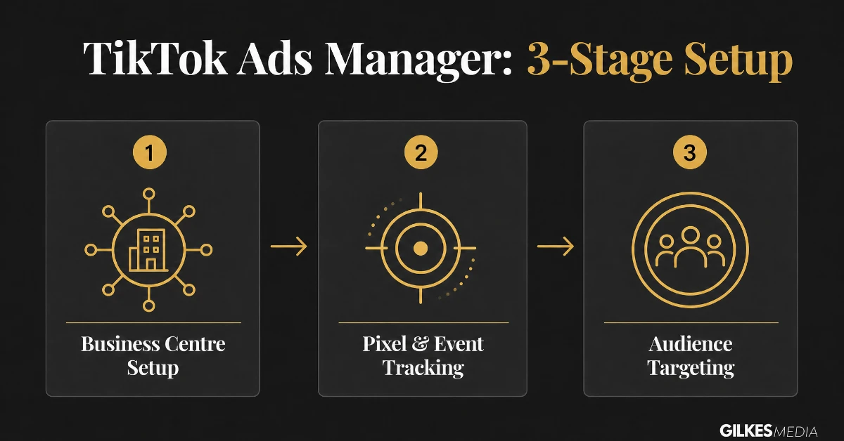 Three-stage setup flow for TikTok Ads Manager: Business Centre, Pixel and event tracking, audience targeting