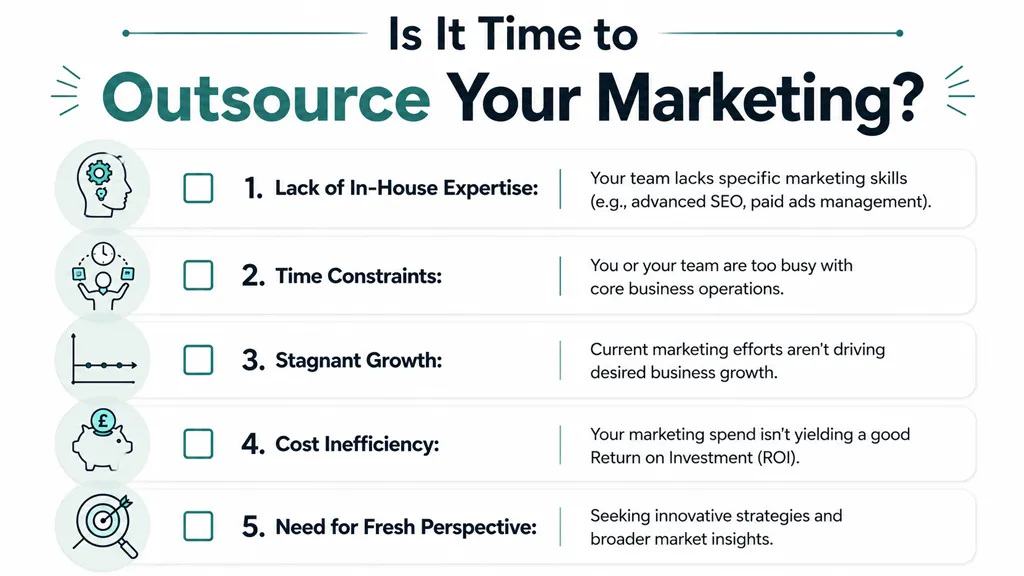 A checklist infographic titled Is It Time to Outsource Your Marketing listing five signs for businesses.