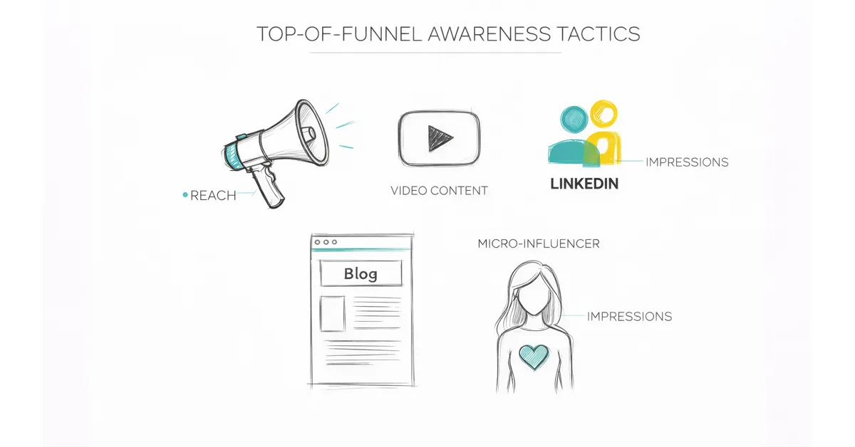 Diagram illustrating top-of-funnel awareness tactics including megaphone, video, LinkedIn, blog, and micro-influencer.