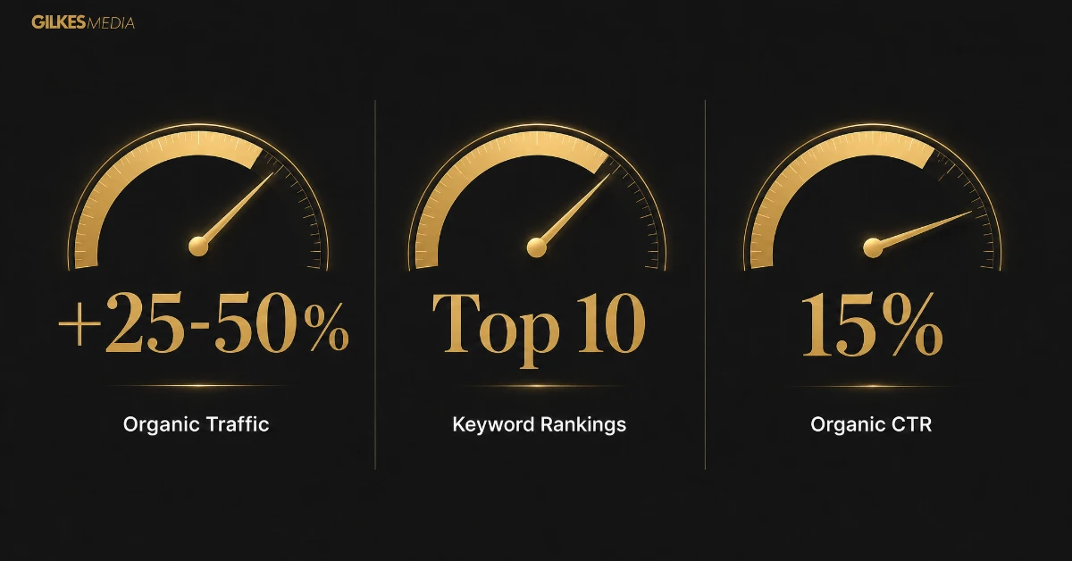 KPI dashboard showing organic traffic uplift, keyword rankings and organic click-through rate