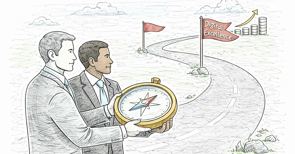 Two founders with a compass on a winding road with flags marking business milestones like compliance and digital excellence.