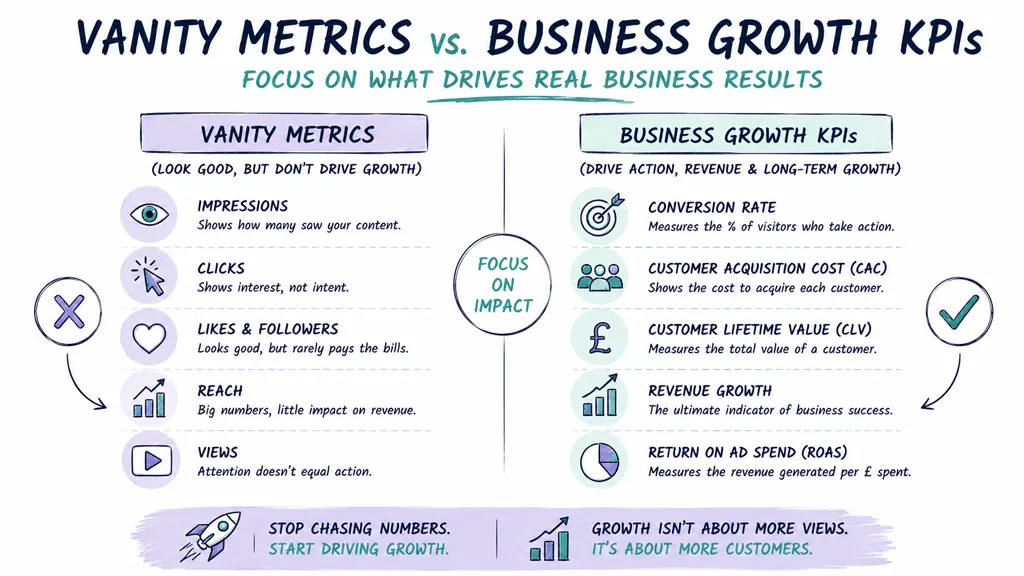 A diagram contrasting vanity metrics like impressions with commercially focused business growth KPIs like conversion and acquisition.