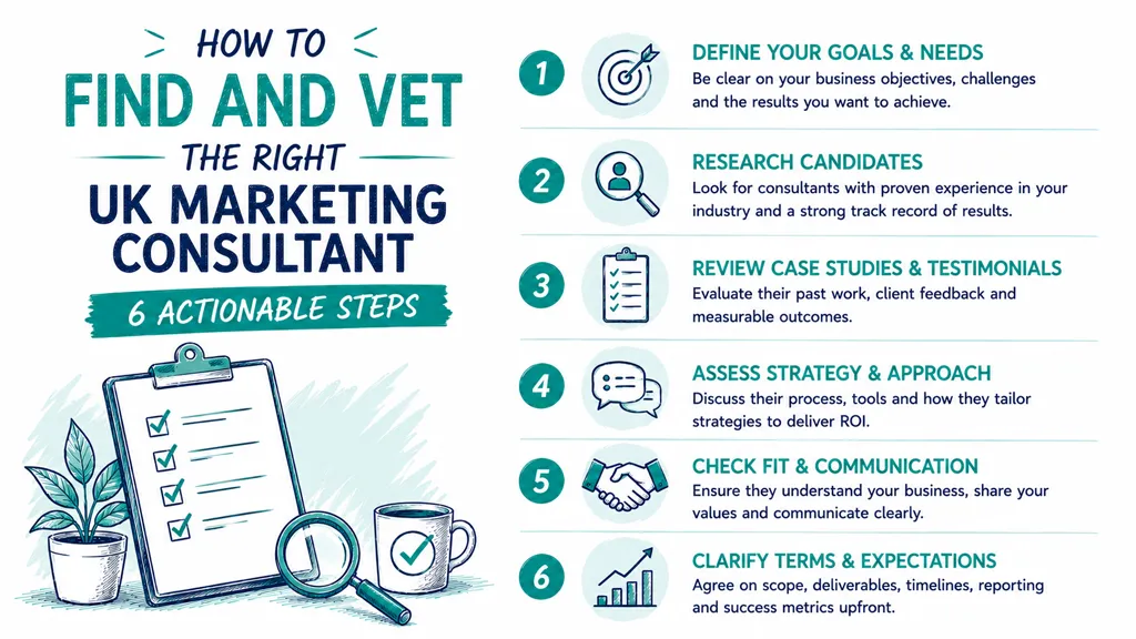 A checklist infographic titled How to Find and Vet the Right UK Marketing Consultant with six actionable steps.