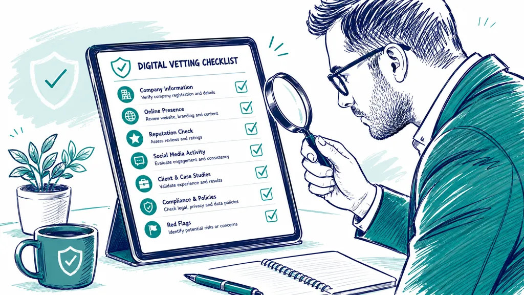A professional man looking through a magnifying glass at a digital vetting checklist on a tablet screen.