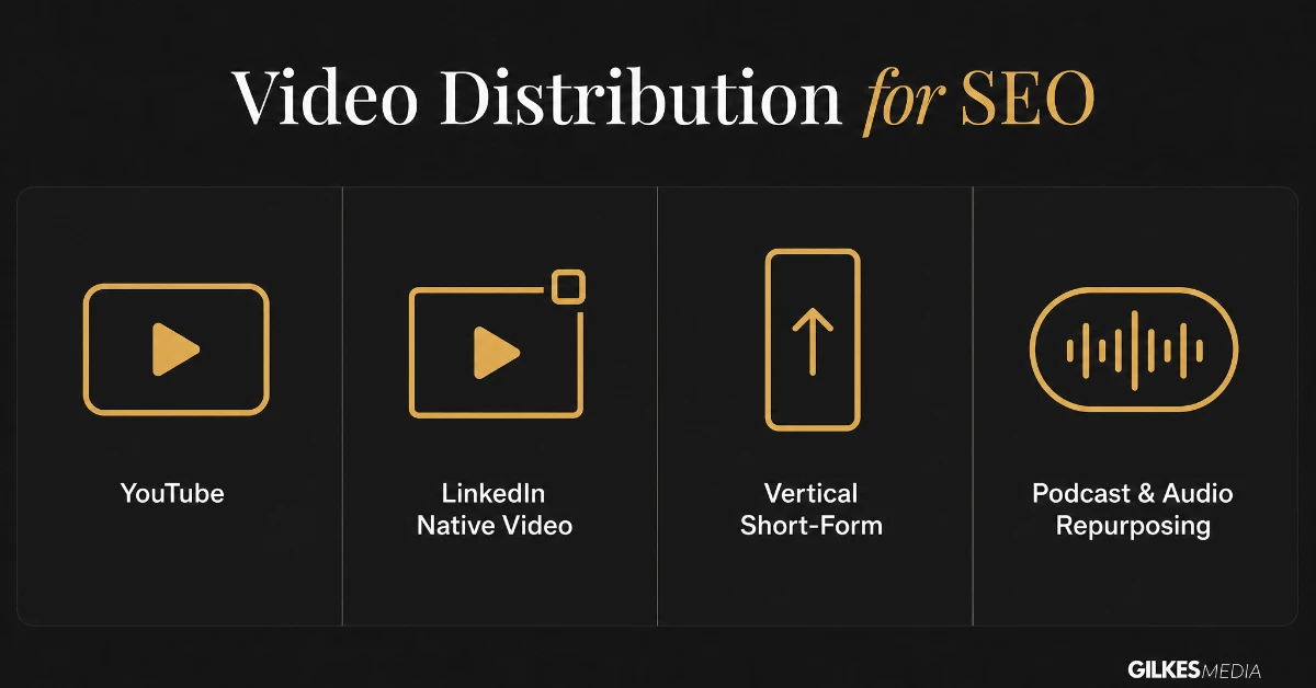 Video distribution across YouTube, LinkedIn native video, vertical short-form, and podcast repurposing