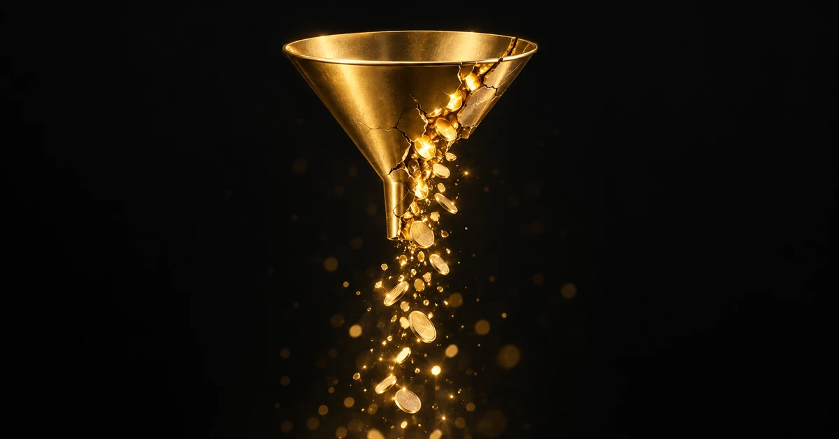 Cracked gold funnel leaking coins, representing wasted PPC ad spend