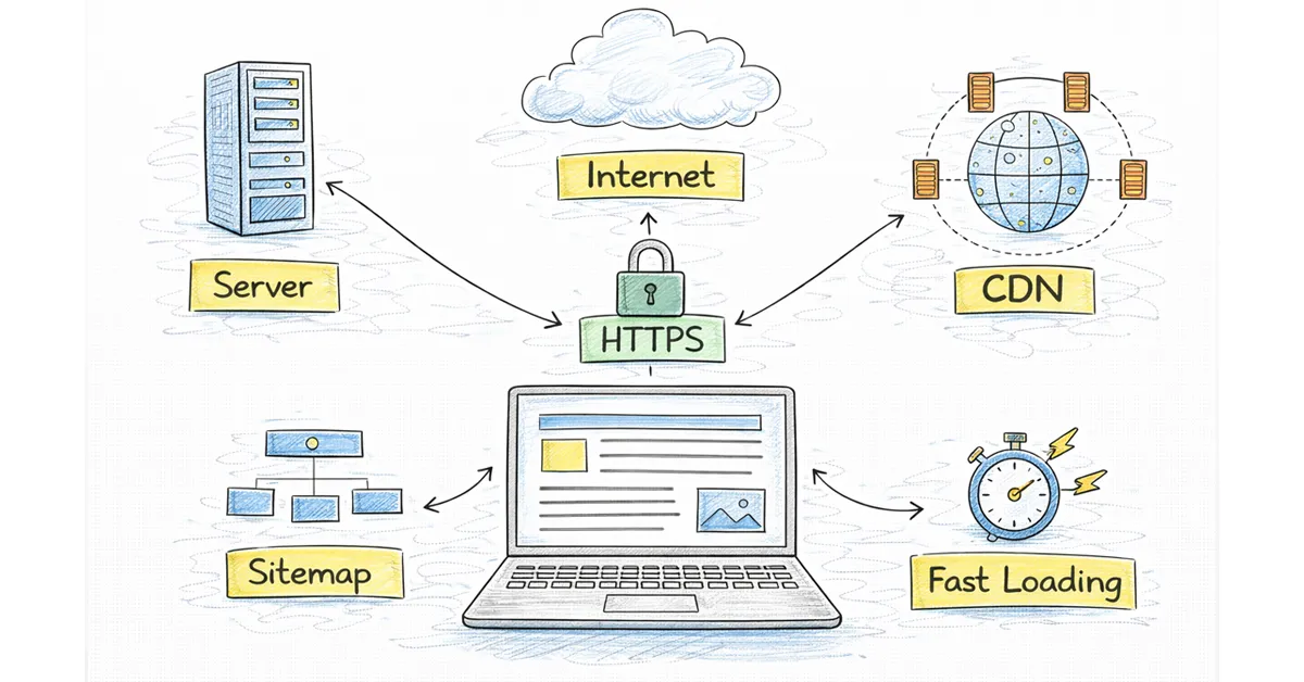 Diagram showing website architecture elements like server, internet, CDN, HTTPS, sitemap, and fast loading.