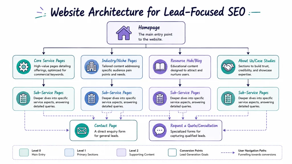 A diagram illustrating a strategic website architecture designed to optimize SEO for effective lead generation.