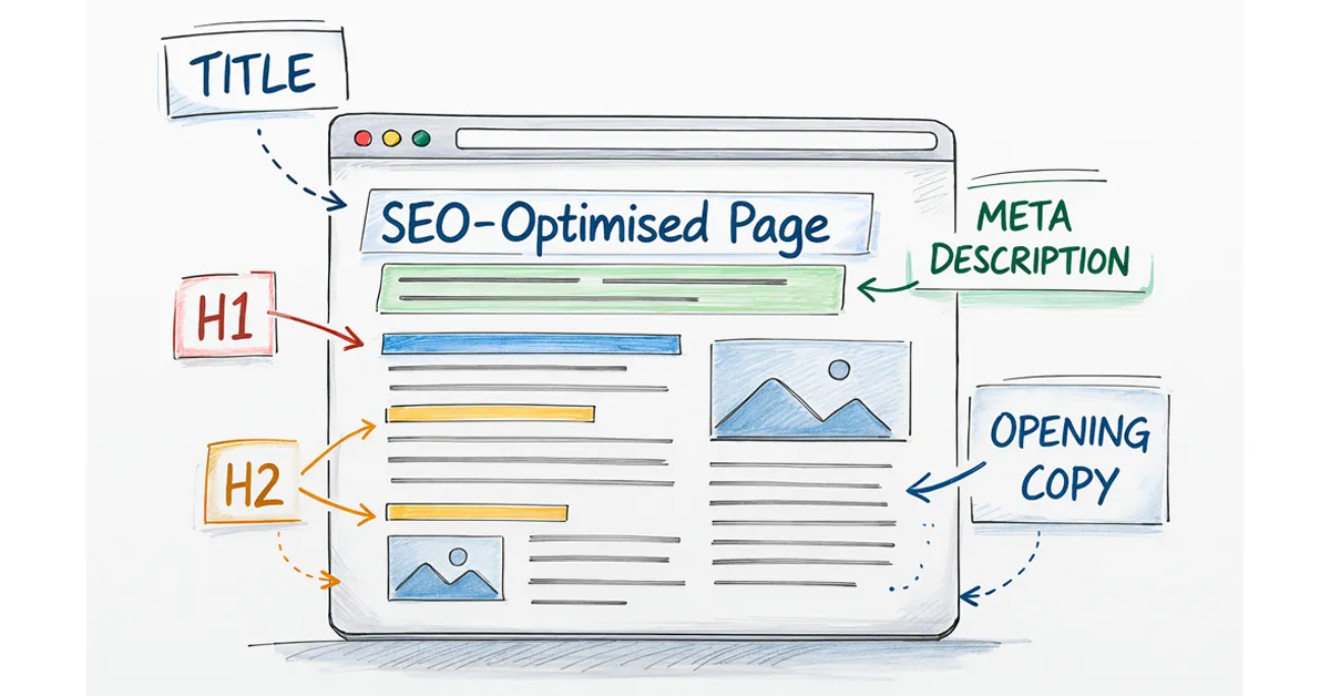Hand-drawn sketch of a webpage layout showing where the title tag, meta description, H1, H2 and opening copy sit for on-page SEO